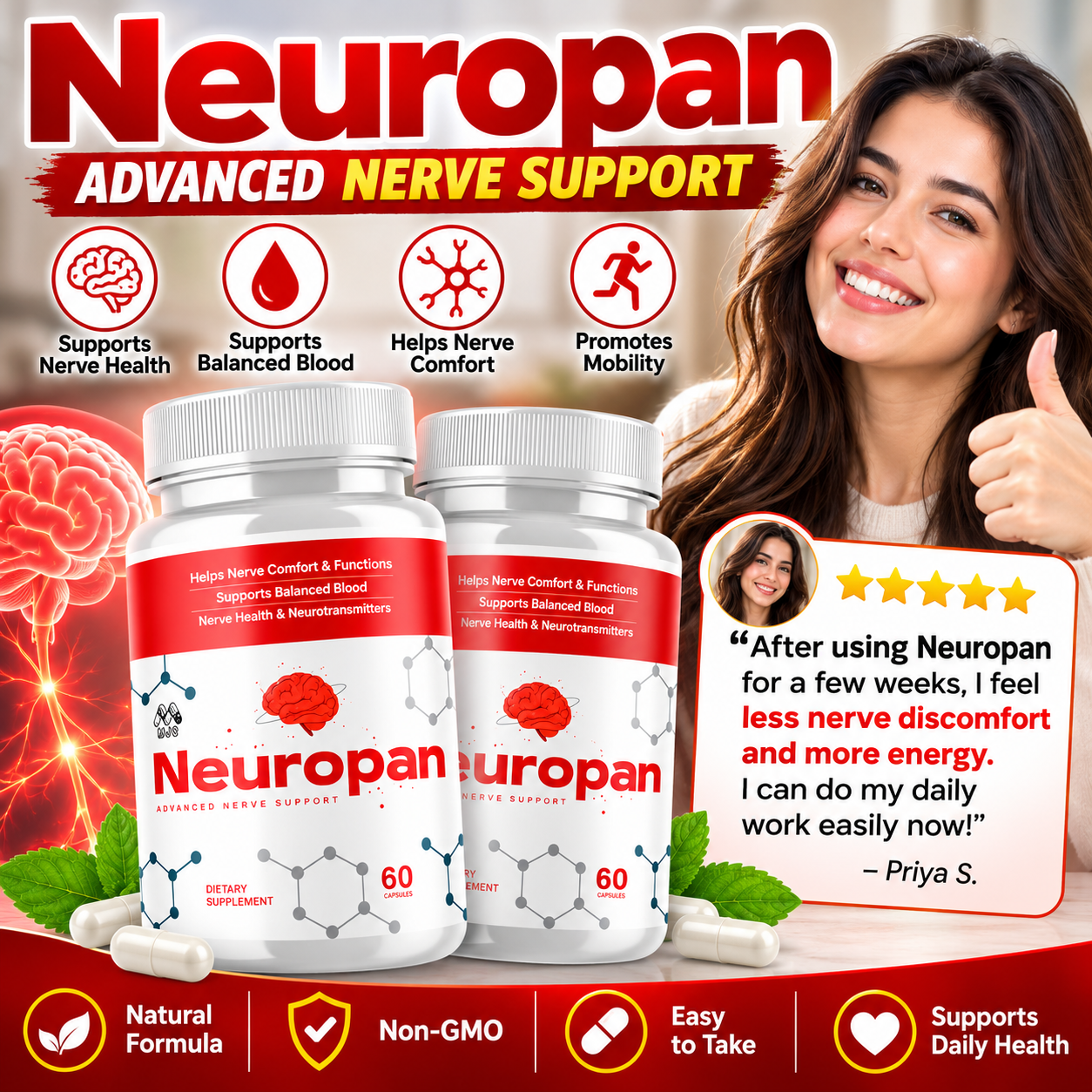 Neuropan bottles with nerve and molecule illustration